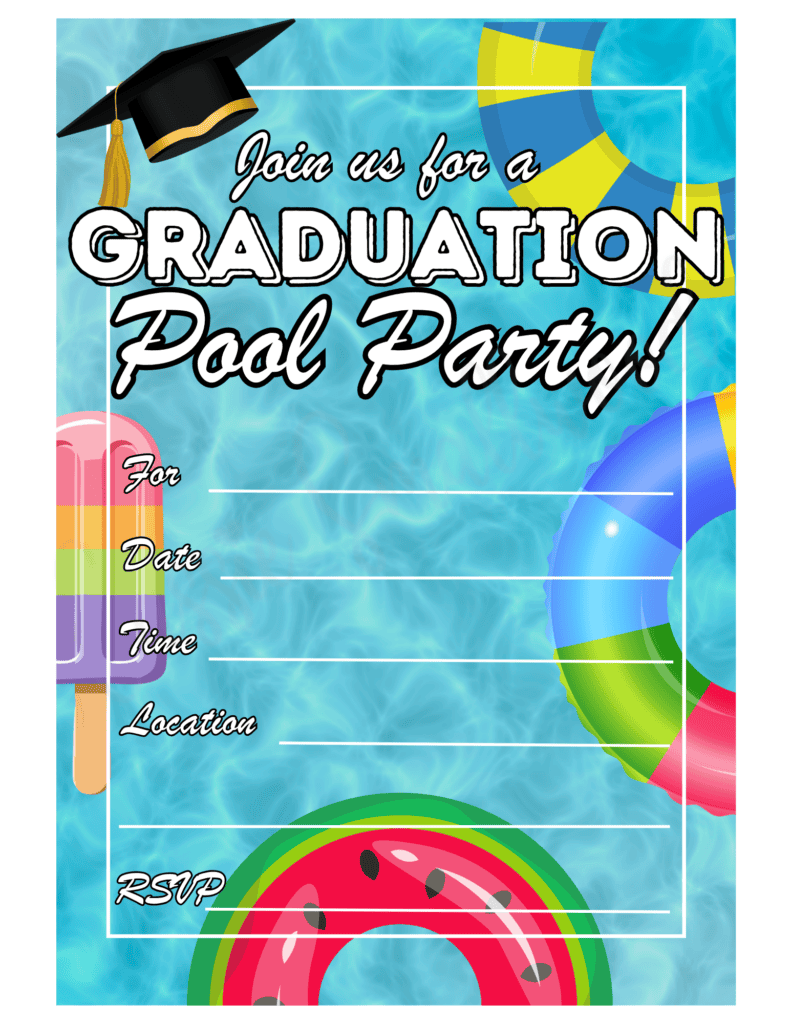 FREE printable graduation pool party invitation pdf, graduation swim party invitation template, graduation pool party invite free download, graduation swimming party invitation downloadable