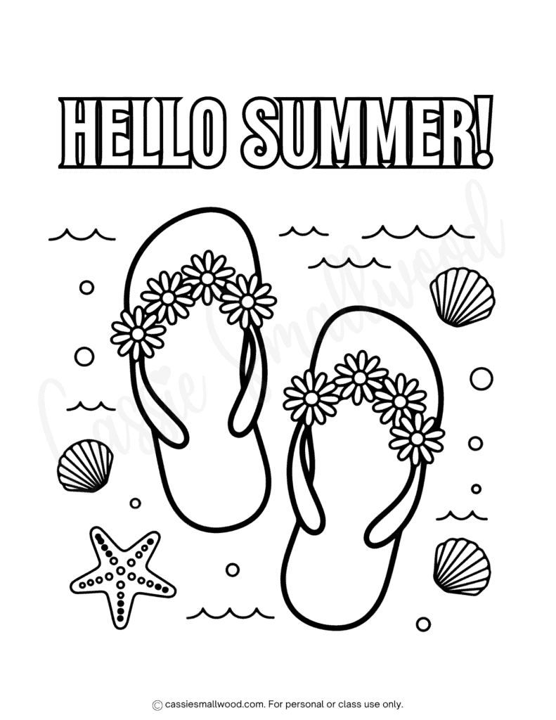 cute hello summer coloring page free printable pdf, easy summer coloring sheet preschool, flip flop coloring page for kids free printable pdf