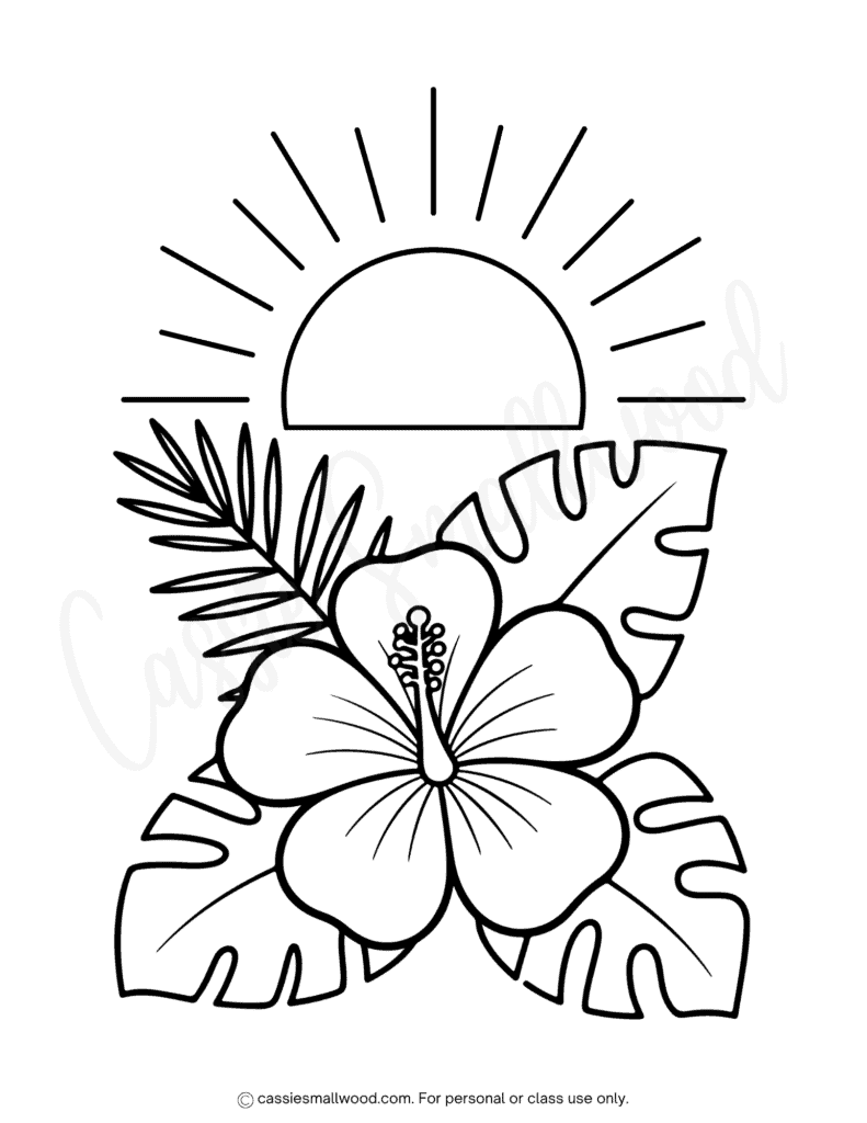 free printable hibiscus summer coloring page pdf, easy flower coloring page preschool, hibiscus coloring page free printable, summer flower coloring page