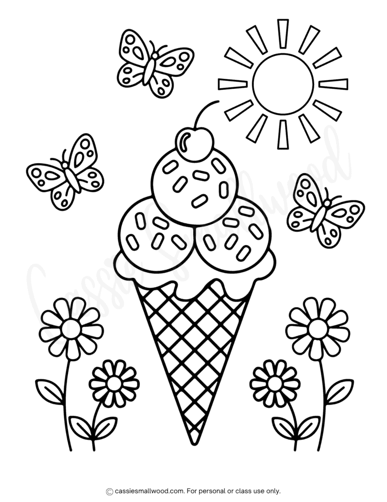 Ice cream summer coloring page free printable pdf, summer coloring sheet for kids, butterfly coloring page, ice cream coloring page for kids