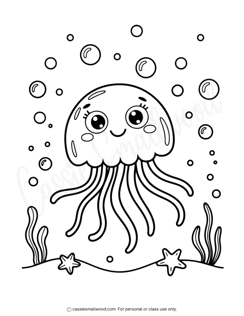 jellyfish summer coloring page free printable pdf, under the sea coloring sheet for kids, easy ocean coloring page preschool, cute summer coloring sheets for kids