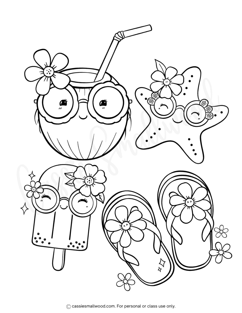 Kawaii happy summer coloring page free printable pdf, summer coloring sheets for kids cute, flip flop coloring page, popsicle coloring page, starfish coloring page, tropical drink coloring page
