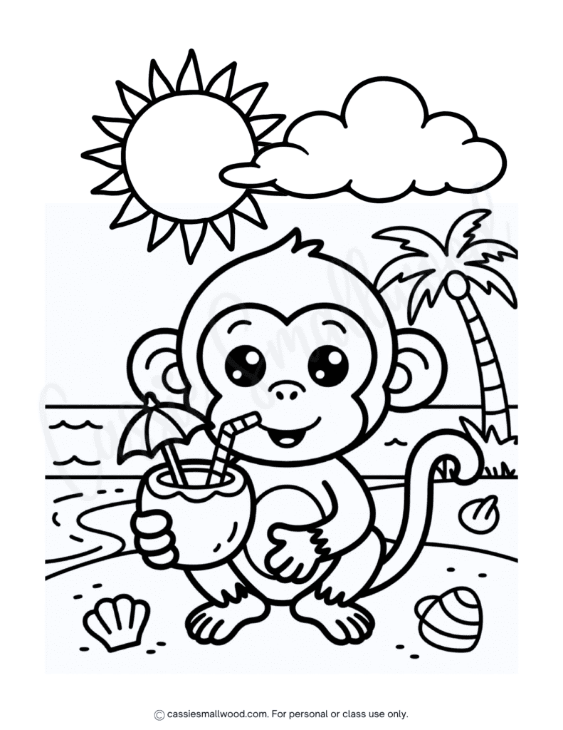 kawaii monkey summer coloring sheet free printable pdf, summer coloring page for kids, tropical coloring page, beach coloring page free printable, cute monkey coloring page