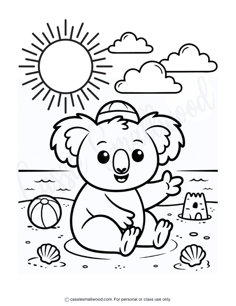Koala on the beach summer coloring page free printable pdf, beach coloring page for kids, summer coloring page for kids, cute koala coloring sheet easy preschool kindergarten 1st grade