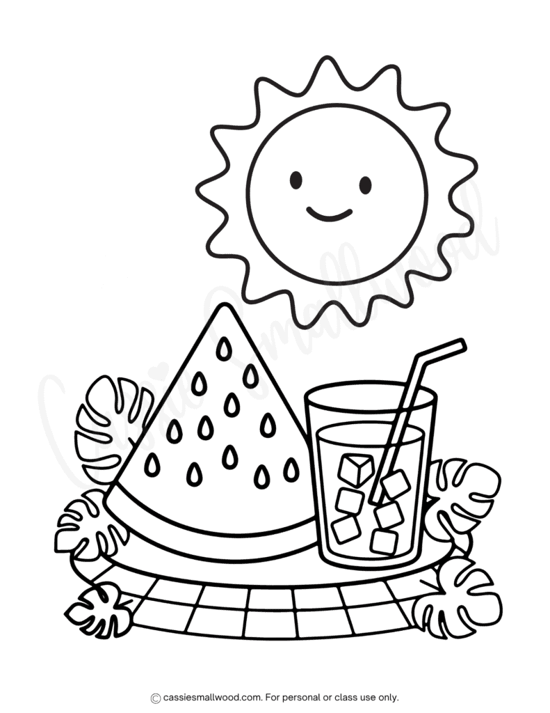 lemonade and watermelon summer coloring page free printable pdf, watermelon coloring page summer, lemonade coloring page free printable, sun coloring page, summer coloring sheet for kids