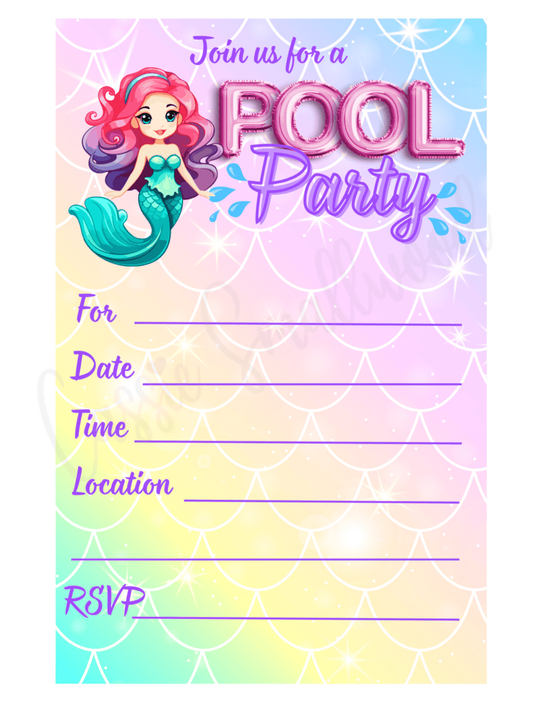 Free printable mermaid pool party invitation pdf, cute pool party invitation girls, summer pool party invite for kids