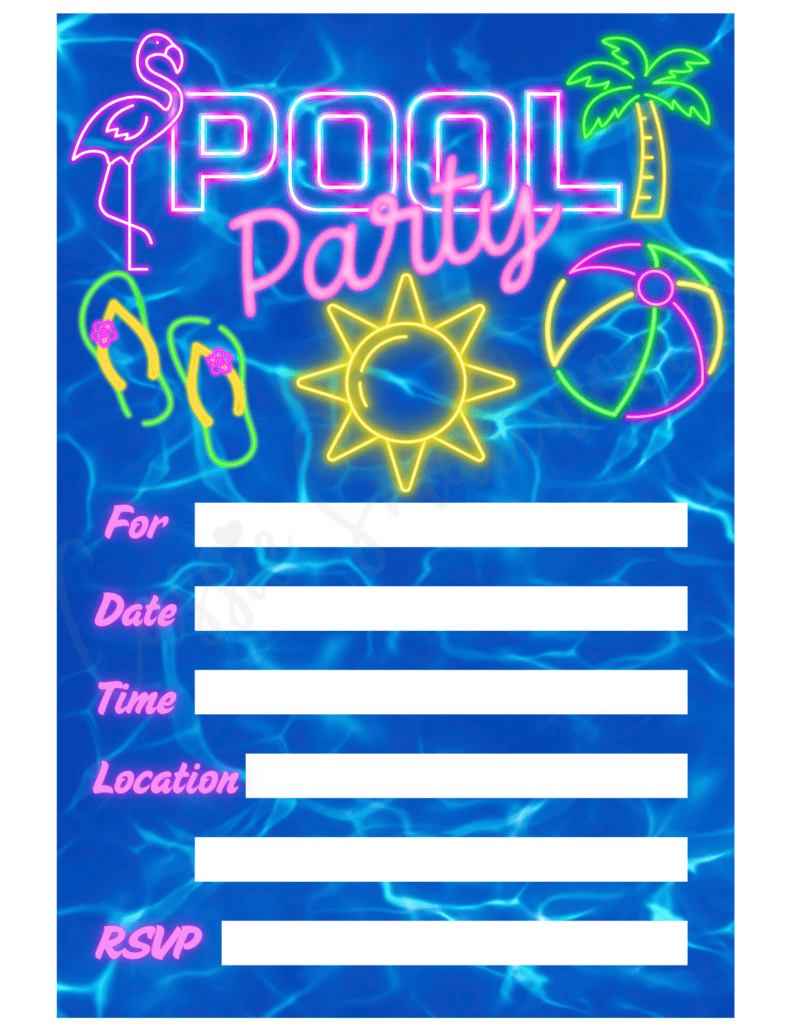 neon pool party invitation template free printable pdf, neon swim party invitation, flamingo pool party invitation, adult pool party invite, kids pool party invitation
