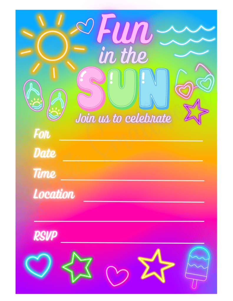 neon summer pool party invite template free printable pdf, cute swim party invitation, kids pool party invitation downloadable, swimming party invite for kids