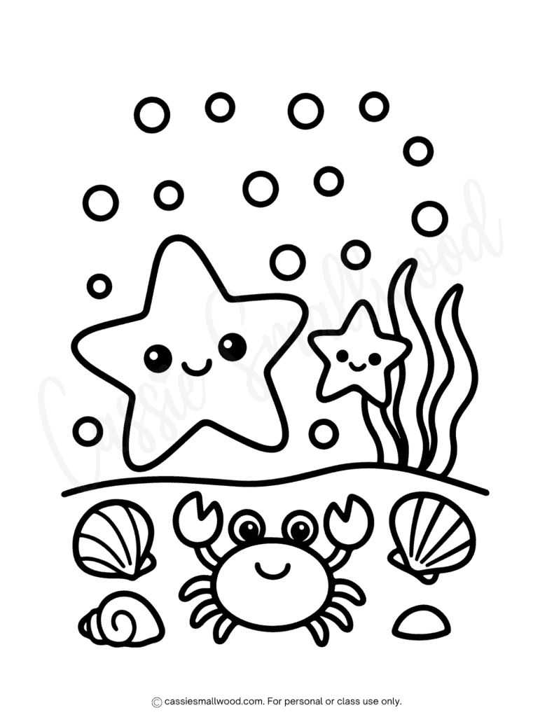 free printable ocean floor coloring page pdf, summer coloring page for kids, under the sea coloring page, crab coloring page, starfish coloring page