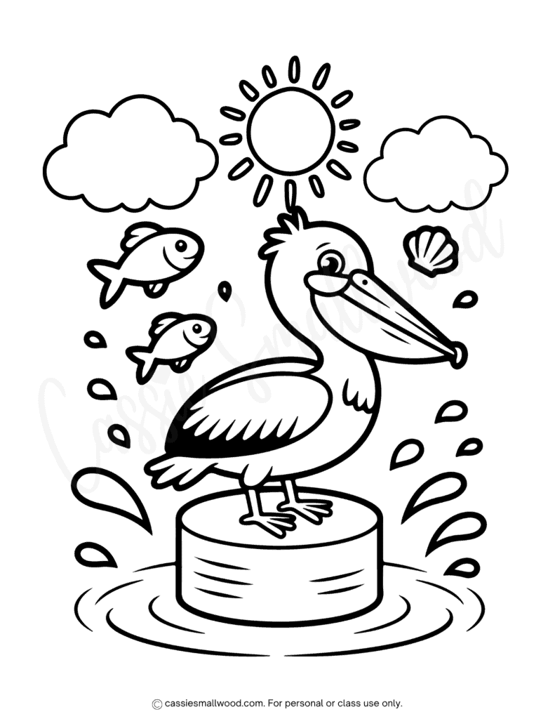 Free printable pelican coloring page pdf, summer coloring page for kids free printable pdf, ocean animals coloring page, bird coloring page