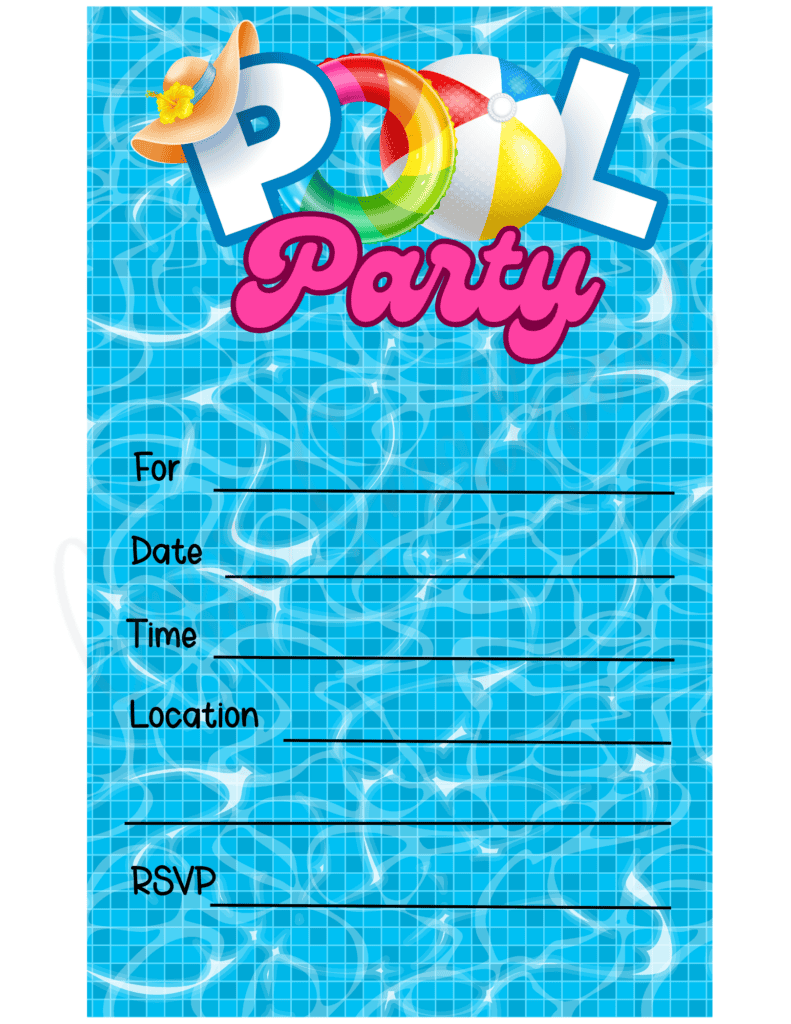 Free printable pool party invitation card pdf, summer pool party invite, cute pool party invitation template free download