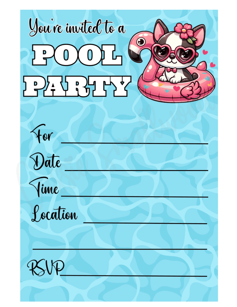 puppy girl pool party invitation free printable pdf, girls swim party invitations, pool party invite template for kids