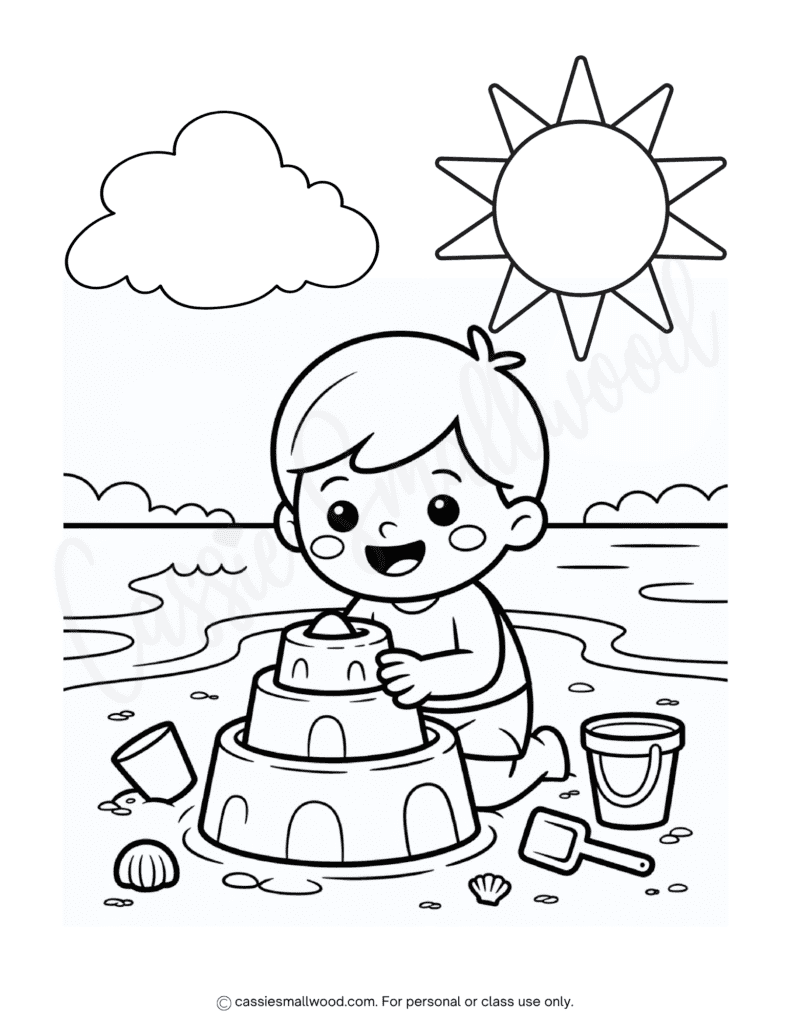 cute sandcastle coloring page free printable pdf, summer coloring pages for kids free printable, instant download beach coloring sheets for kids