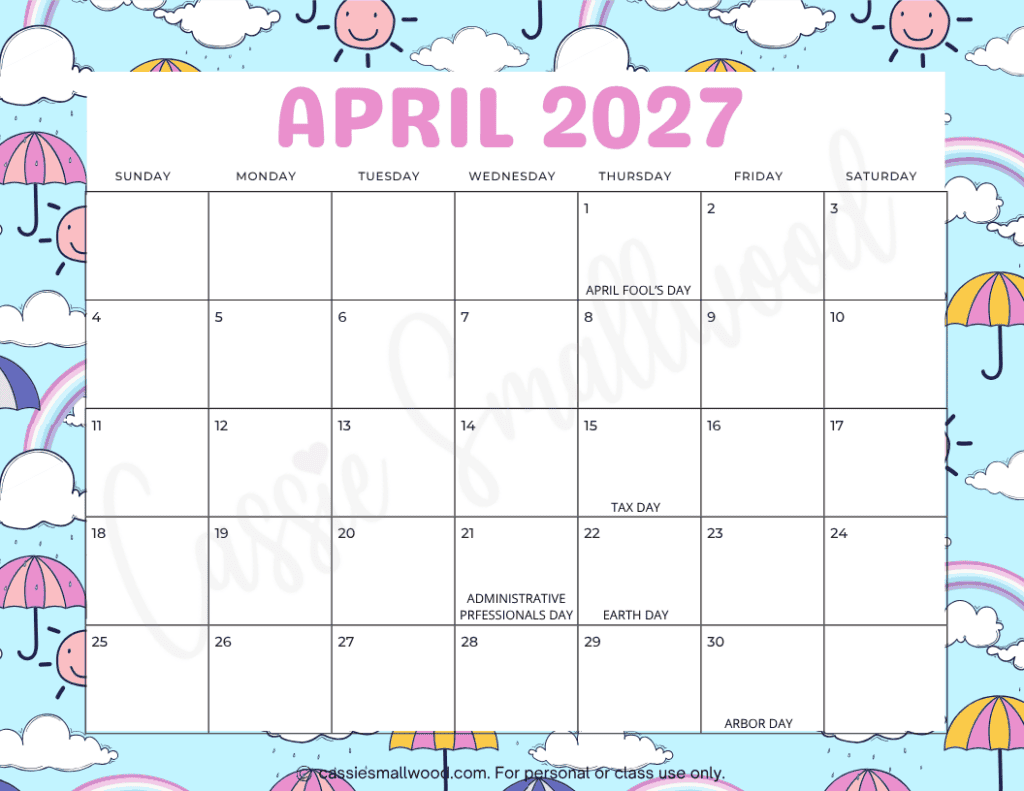 2026 AND 2027 school year monthly calendar free printable pdf, cute 2027 monthly calendar free printable pdf, April 2027 calendar free printable teacher wall calendar classroom bulletin board