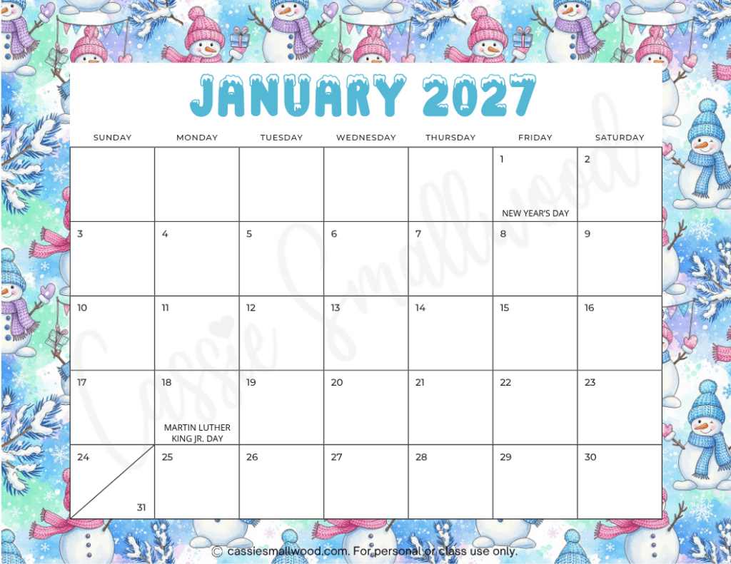 2027 monthly teacher calendar free printable template pdf, teaching calendar 2027 bulletin board whiteboard wall calendar monthly cute, January 2027 calendar free printable pdf