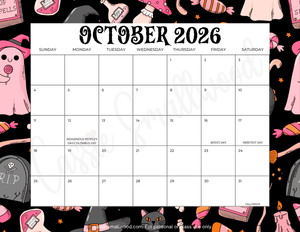 2026-2027 School year calendar free printable pdf, October 2026 calendar with holidays free printable pdf, cute monthly calendar 2026 2027