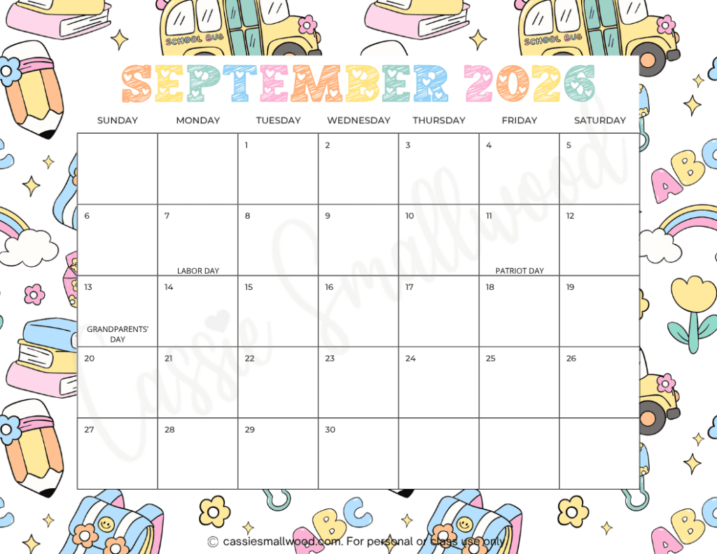 cute 2026 2027 school year calendar with holidays free printable template, 2026 academic calendar free printable pdf, 2026 monthly calendar with holidays free printable, September 2026 calendar free printable pdf