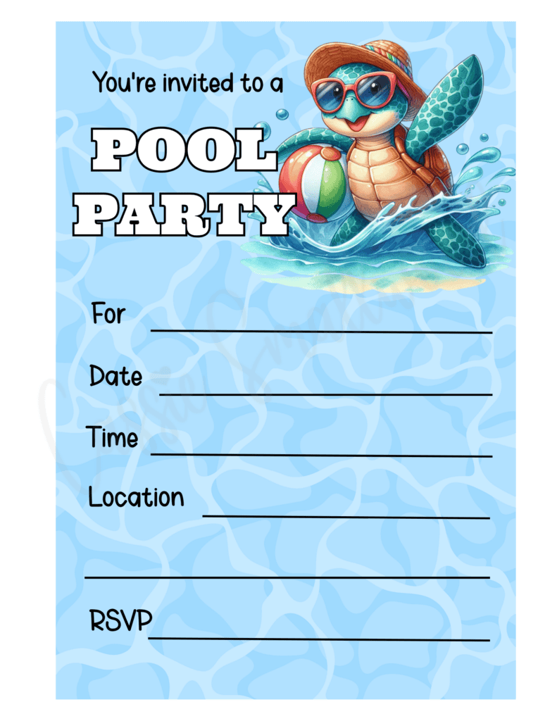 free printable sea turtle boy pool party invitation pdf, kids summer swim party invitation template, downloadable pool party invitations for kids