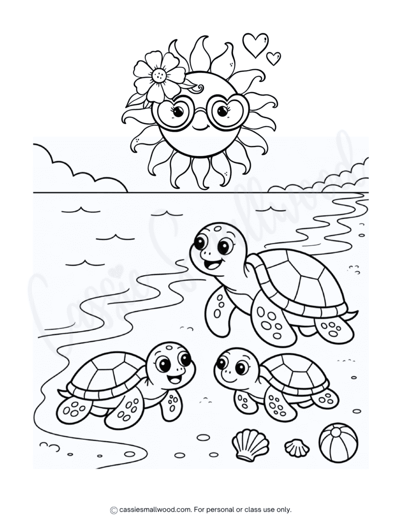 cute sea turtles summer coloring page free printable pdf, sea turtle coloring page, summer coloring sheets for kids, sun coloring page free printable, beach coloring page for kids