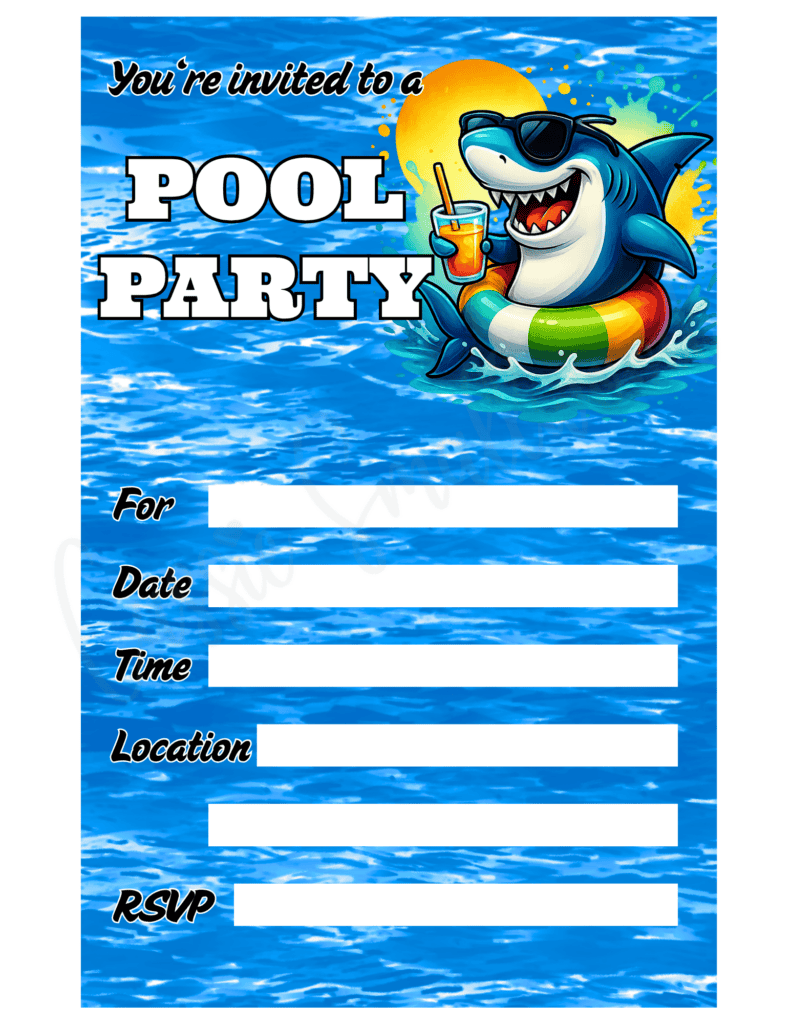 shark kids pool party invitation template free printable pdf, boy summer pool party invitation, summer swim party invite template free printable, swimming party invite for kids