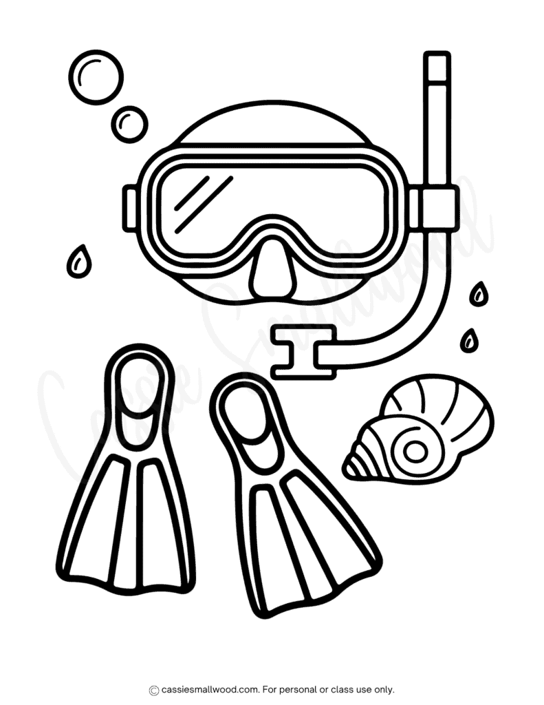 snorkel gear summer coloring page free printable pdf, snorkeling coloring page, beach coloring page, summer coloring sheet for kids easy