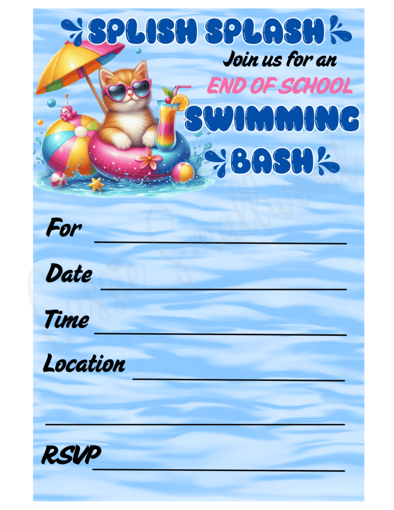 Splish splash end of school swim party invite free printable pdf, end of school pool party invitation for kids downloadable template