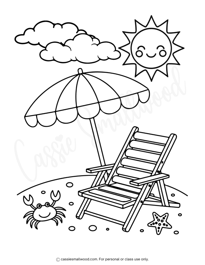summer beach coloring page free printable pdf, beach scene coloring sheet, crab coloring page, beach chair coloring page, beach umbrella coloring page, summer coloring page
