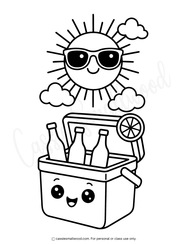 summer cooler coloring page free printable pdf, easy summer coloring sheets preschool, simple summer coloring pages for kids, sun coloring page cute