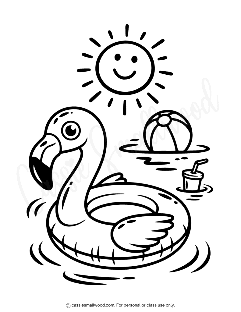 summer flamingo pool float coloring page free printable pdf, summer coloring page for kids free printable, summer coloring sheet easy preschool kindergarten