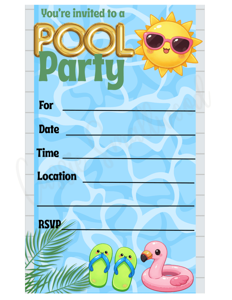 cute summer pool party invitation free printable pdf, kids pool party invitation, summer swim party invite template free printable pdf
