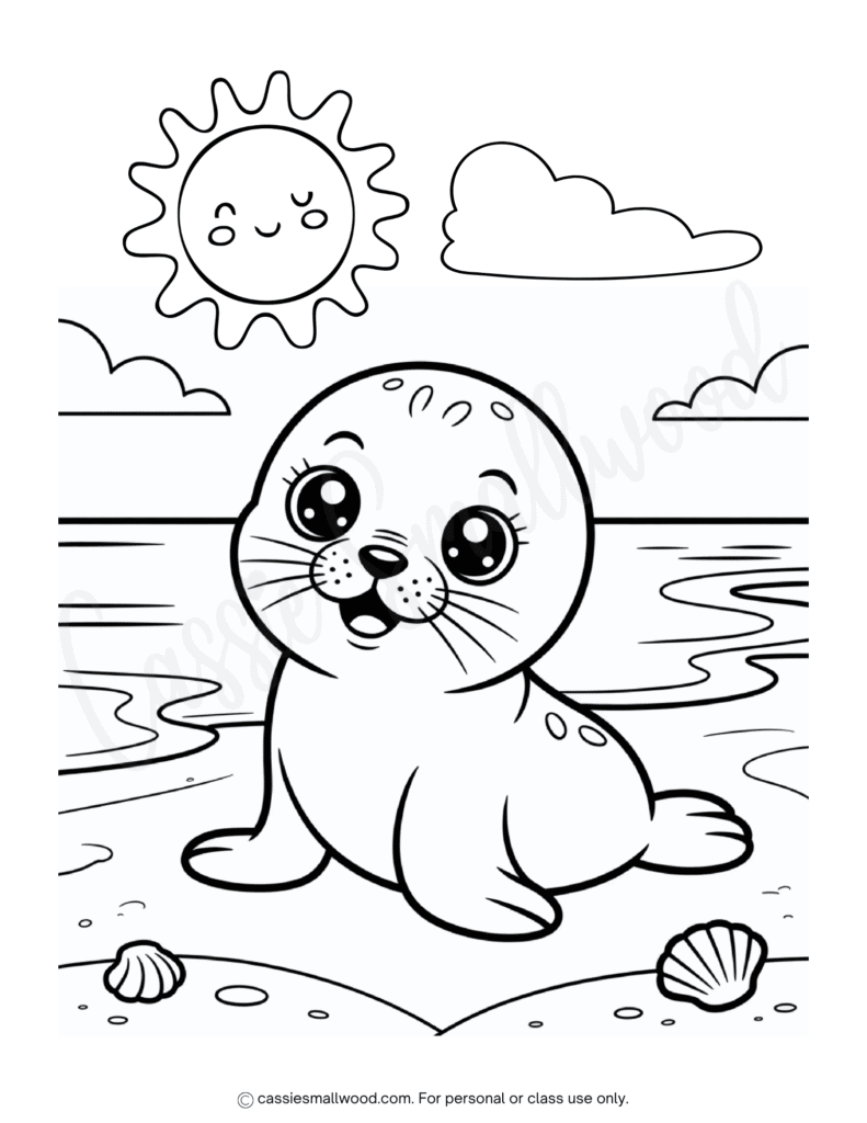 seal summer coloring page free printable pdf, seal coloring page, summer coloring sheet for kids, beach coloring page for kids kawaii