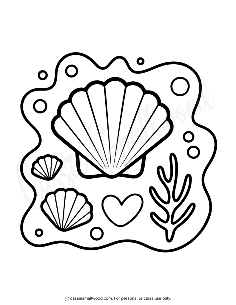 easy summer seashells coloring page free printable pdf, preschool seashell coloring page, simple seashell coloring page, summer coloring sheet for kids