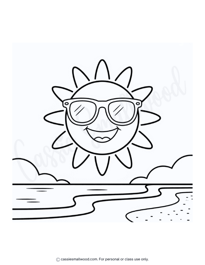 summer sun coloring page free printable pdf, cute summer coloring sheet for kids, ocean coloring page easy preschool kindergarten
