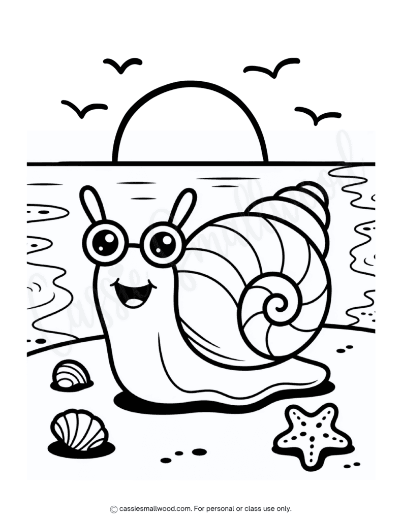 summer sunset snail coloring page free printable pdf, beach coloring page for kids, summer coloring sheet for kids, cute snail coloring sheet