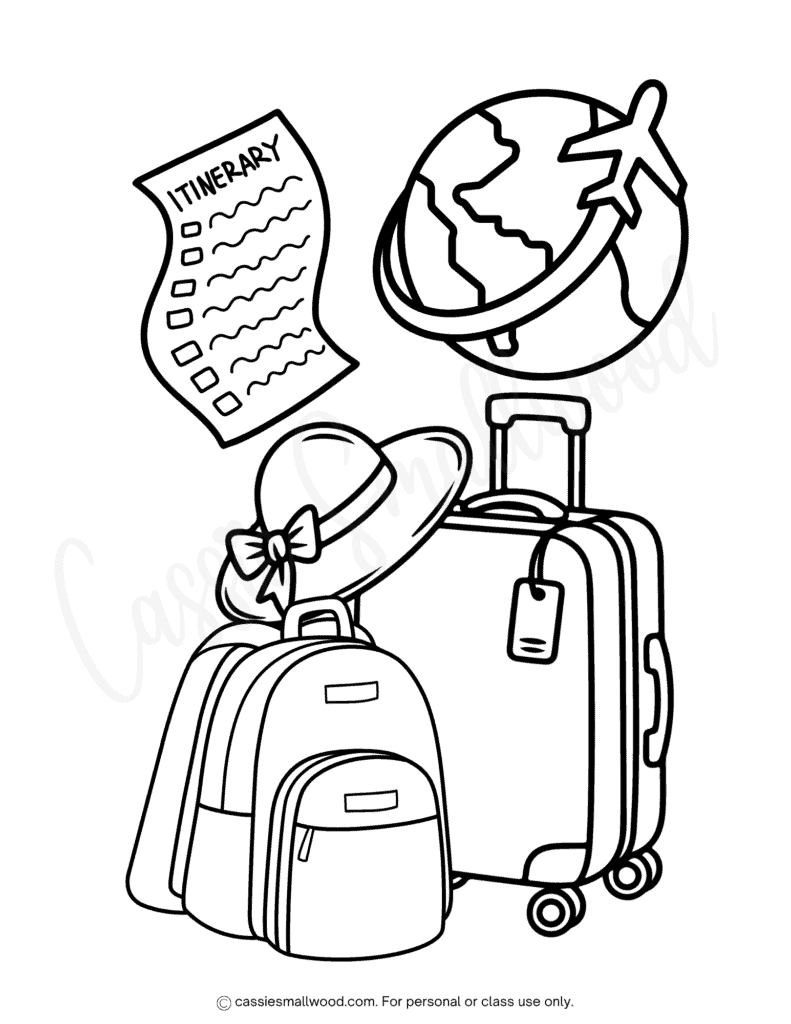 summer travel coloring page free printable pdf, luggage coloring page, airplane coloring page, summer coloring page for kids
