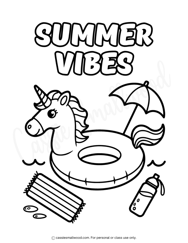 unicorn pool float coloring page free printable pdf, swimming pool coloring page for kids easy, summer coloring page free printable pdf, summer vibes coloring page