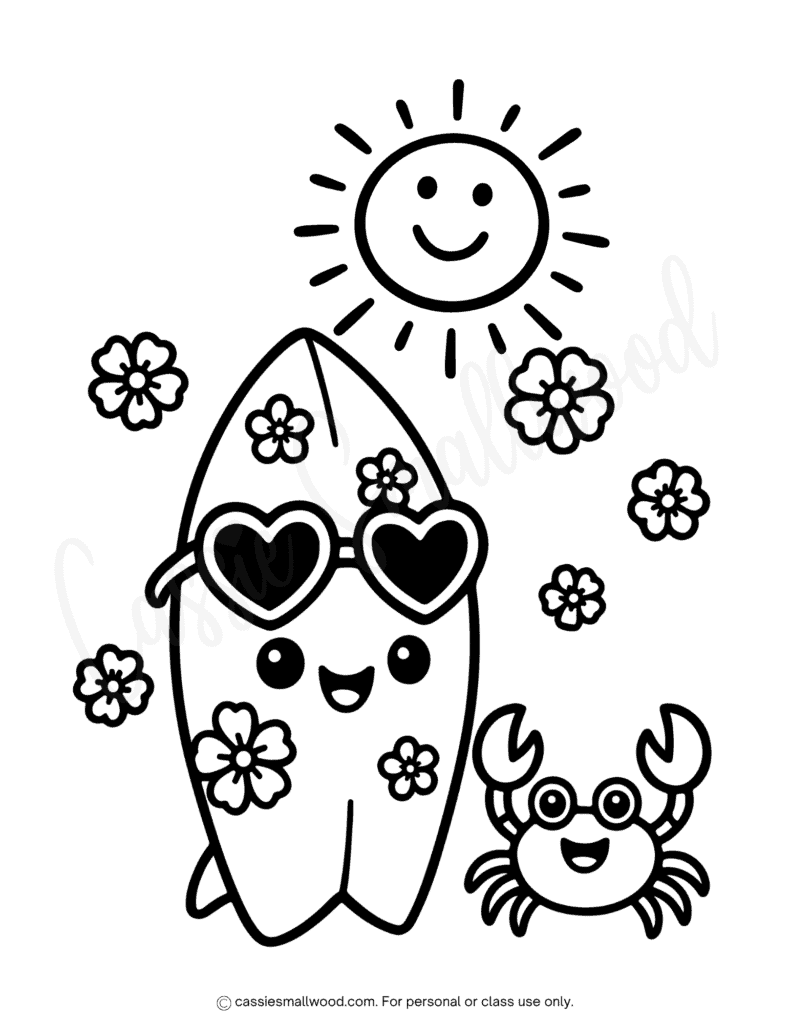 cute surfboard and crab summer coloring sheet free printable pdf, surfing coloring page, surfboard coloring page, crab coloring sheet, summer coloring page for kids