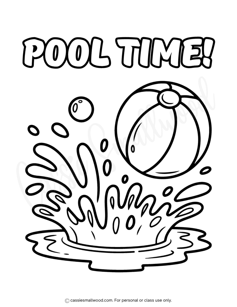 Swimming summer coloring page free printable pdf, beach ball coloring page, summer coloring sheet for kids, swimming pool coloring page