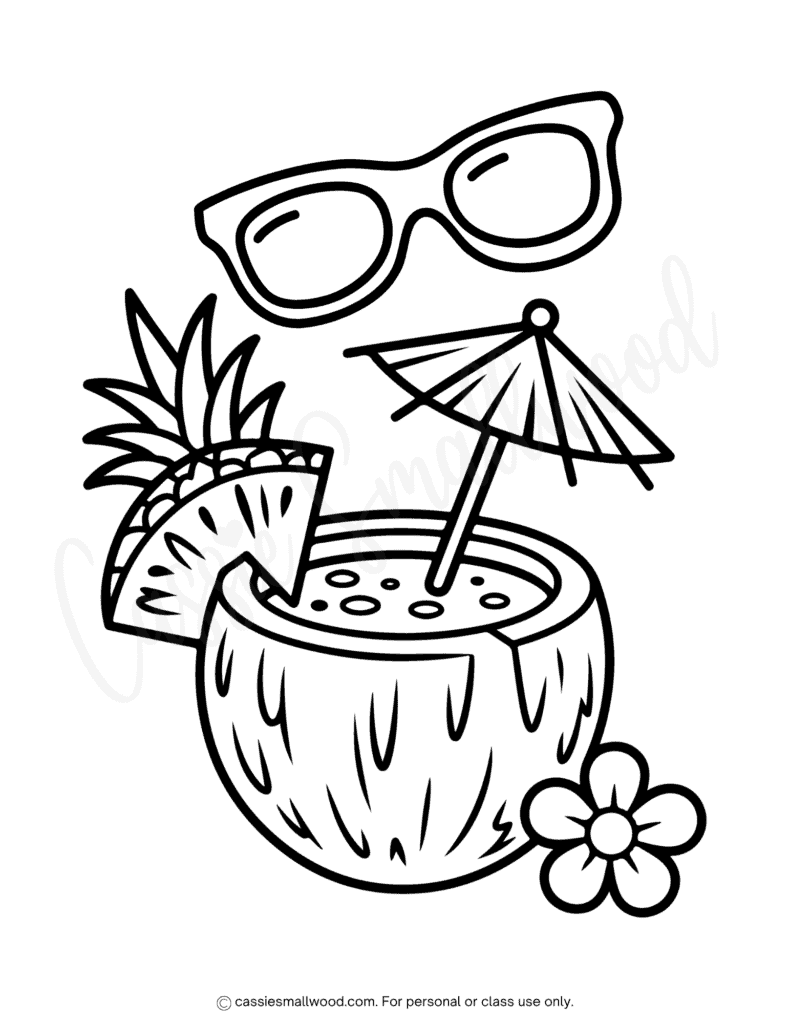 tropical drink coloring page free printable pdf, summer coloring page for kids easy preschool summer coloring sheets kindergarten simple