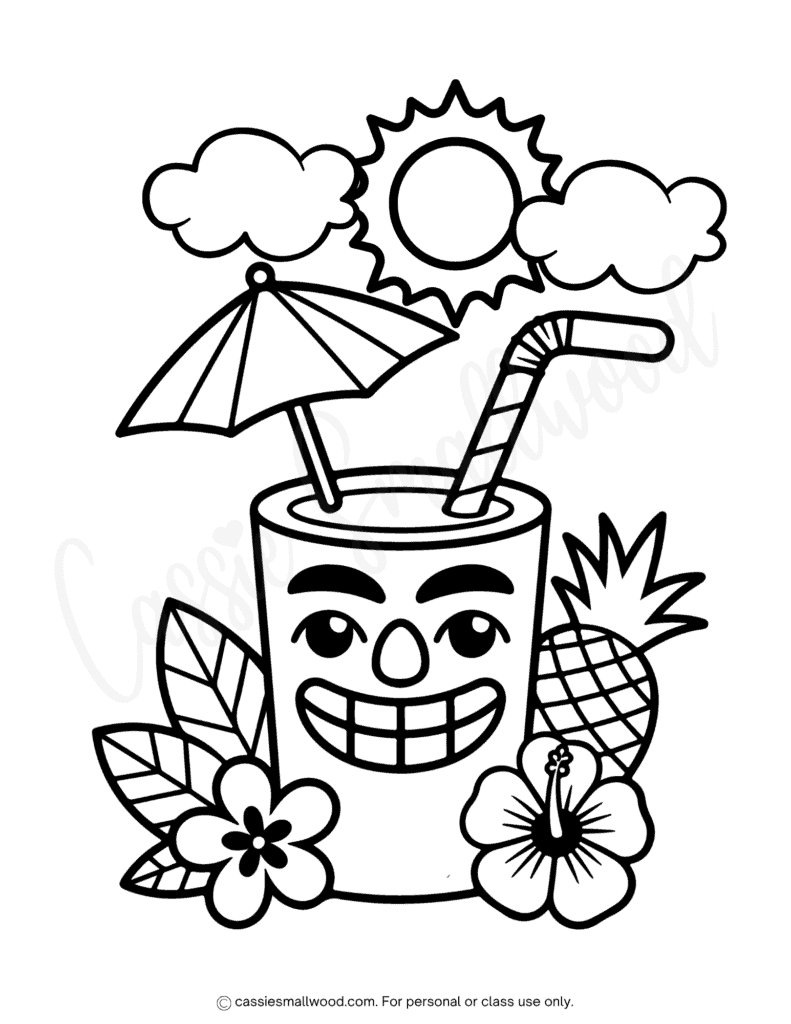 Cute tropical drink coloring sheet free printable pdf, summer coloring page for kids free printable, summer coloring sheets simple fun