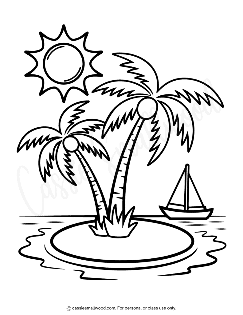 tropical summer coloring page free printable pdf, palm trees coloring page easy, summer coloring sheets for kids preschool, kindergarten summer coloring pictures, beach coloring page easy