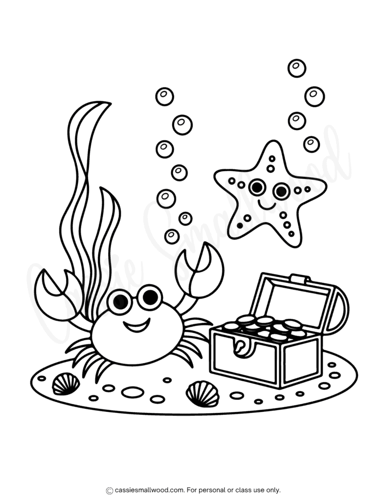 under the sea summer coloring page free printable pdf, ocean floor coloring page, crab coloring page, starfish coloring page, treasure chest coloring page, summer coloring sheets for kids free printable pdf