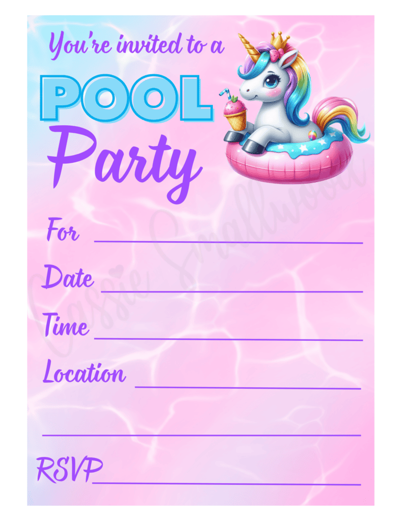 free printable unicorn pool party invitations pdf, summer pool party invitation, girl swim party invitation, swimming pool party invite card