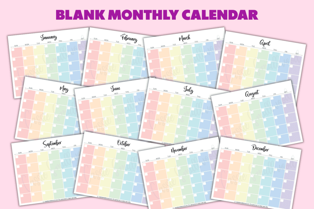 cute colorful blank monthly calendar templates free printable pdf, empty calendar pages free printable pdf, rainbow pastel blank calendar template
