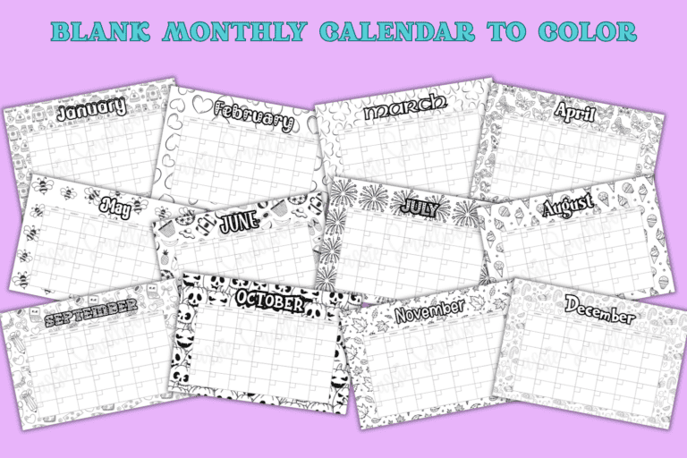 CUTE Blank 12 Month Coloring Calendar (FREE Printable)