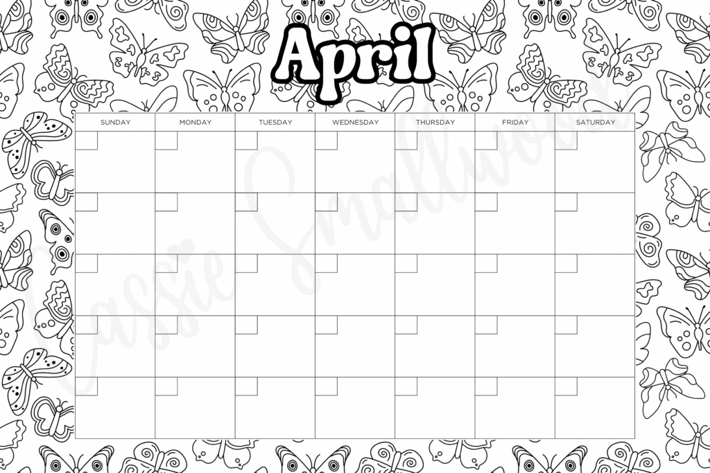 blank April coloring calendar free printable pdf, calendar to color for kids, color your own calendar, cute blank monthly calendar black and white, 12 month calendar empty no dates