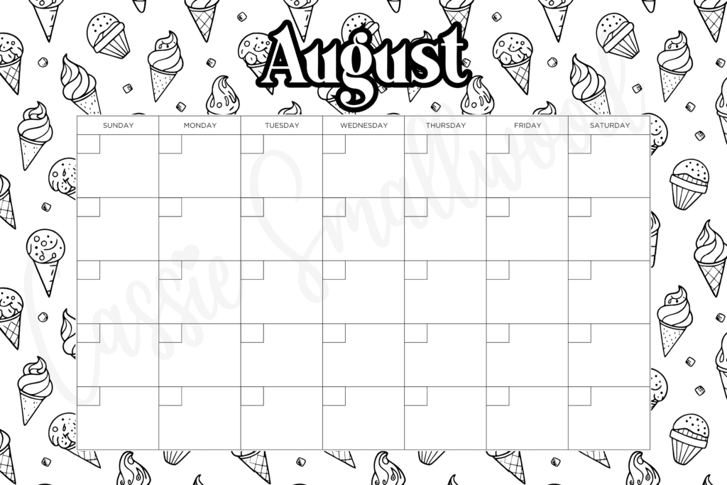 blank August coloring calendar free printable pdf, calendar to color for kids, color your own calendar, cute blank monthly calendar black and white template, 12 month calendar empty no dates downloadable, free printable monthly calendar