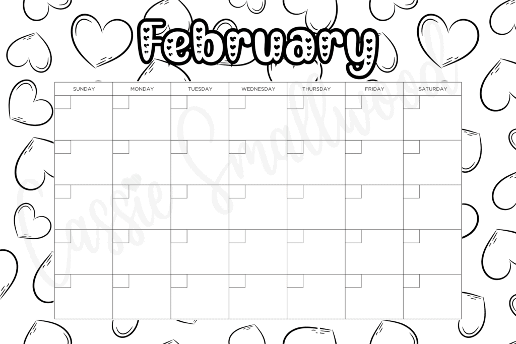 blank February coloring calendar free printable pdf, calendar to color for kids, cute blank monthly calendar black and white, 12 month calendar empty no dates