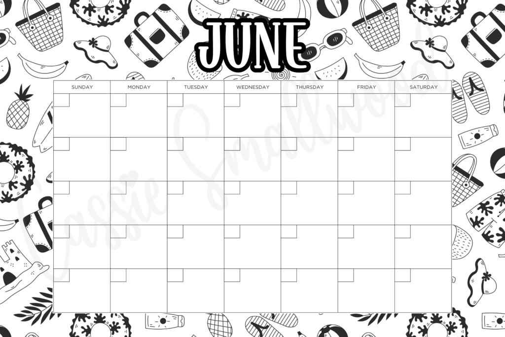 blank June coloring calendar free printable pdf, calendar to color for kids, cute blank monthly calendar black and white, 12 month calendar empty no dates