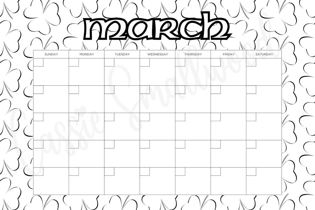 blank March coloring calendar free printable pdf, calendar to color for kids, cute blank monthly calendar black and white, 12 month calendar empty no dates